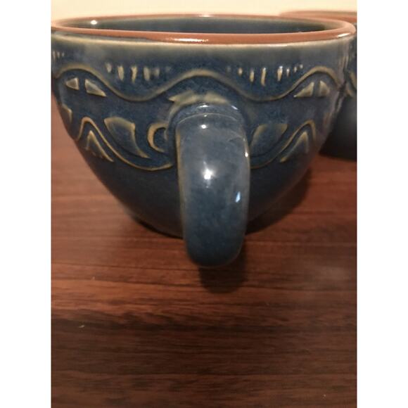 2 - Pier 1 Tunisia Stoneware Tea cups Teal Blue Tan Trim Embossed Scrolls - Picture 5 of 5